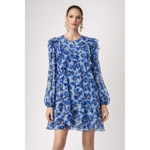 Carolina Herrera Floral Silk Chiffon Ruffle A-Line Mini Dress Blue Print Size 10
